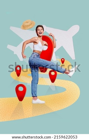 Creative artwork poster of crazy girl stand path red arrow marks travel aircraft concept isolated color background
