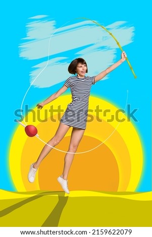Creative magazine artwork banner of carefree girl hold fishing rod catching isolated realistic nature background