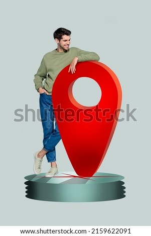Creative artwork banner billboard of positive guy stand near huge red marker arrow voyage arrival isolated Royalty-Free Stock Photo #2159622091