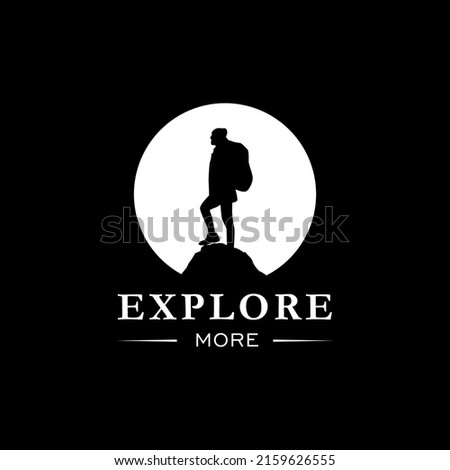 Silhouette man on rock, logo, adventure, hiking, mountain climbing, exploring.