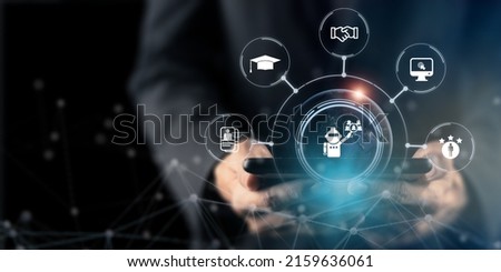 AI recruiting technology concept. Using artificial intelligence in the talent acquisition process. A robot choosing business people to hire. HR technology ecosystem strategies for HR professionals. Royalty-Free Stock Photo #2159636061