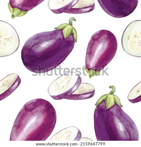 Watercolor eggplant pattern. Colored vegetables. Vector illustration Royalty-Free Stock Photo #2159647799