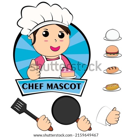 Bundle Professional girl chef brandishing, Work, Cuisine, Menu, Kitchen, Tableware, Cooking, Bakery shop cartoon art illustration logo. Premium Vector