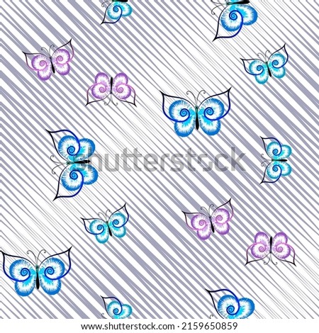 Vector seamless pattern in light blue gray, pink tones beautiful butterflies on a background of gray slanted lines for fabric design.