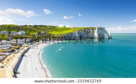 Picturesque panoramic landscape on the cliffs of Etretat. Natural amazing cliffs. Etretat, Normandy, France Royalty-Free Stock Photo #2159652769