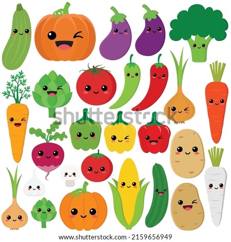 Funny cartoon set of different vegetables. Kawaii vegetables. Smiling pumpkin, carrot, eggplant, bell pepper, tomato, fennel, onion, garlic, cucumber,  potato
 Royalty-Free Stock Photo #2159656949