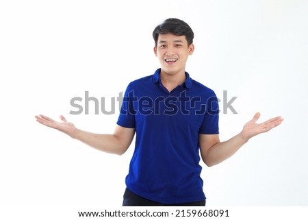 Asian young handsome man in collar shirt isolated on white background with hand gesture and face expression Royalty-Free Stock Photo #2159668091