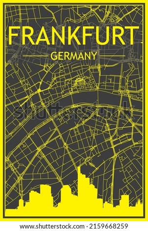 Yellow printout city poster with panoramic skyline and streets network on dark gray background of the downtown FRANKFURT, GERMANY