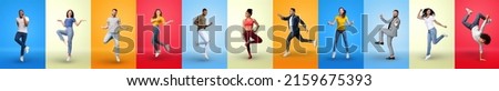 Mosaic of full length studio photos of cool multicultural millennial people posing on colorful backgrounds, showing positive emotions, exercising, gesturing and grimacing, collage, panorama