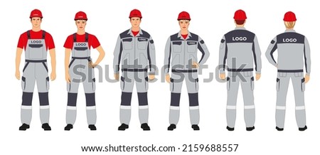 A set of branded overalls. Man and woman in branded work clothes. Gray and red colors Royalty-Free Stock Photo #2159688557