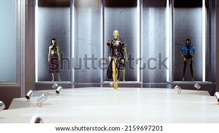 3D fashion show. Golden and shining meta model, virtual avatar, walking by the podum. Trendy fashion pret-a-porte in golden colors. High quality FullHD footage. 3D rendering