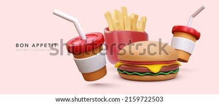 3d realistic render fast food banner with French fries and burger. Vector illustrator