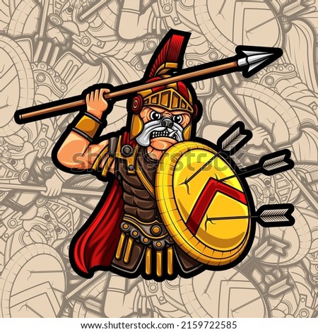 vector illustration of pug warrior spartan dog with spear and shield is perfect for t-shirt design, sticker and entertainment poster design