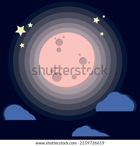 Vector flat space elements with moon, stars, clouds.moon and stars in midnight. Flat style. rose moon with moonlight on blue background