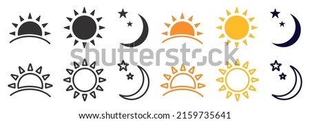 Set of time of the day icons. Rising and setting sun, crescent moon and stars, day and night time symbols. Royalty-Free Stock Photo #2159735641