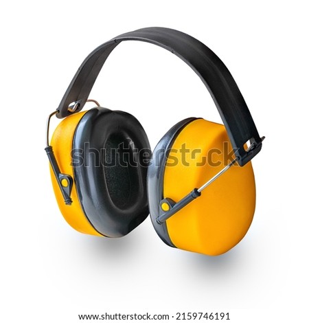 Yellow earmuffs on a white background. Individual protection means. Anti-noise headphones. Earmuffs prevent loud noise from the safety of working construction equipment. Royalty-Free Stock Photo #2159746191