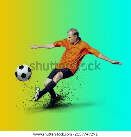 Professional soccer player hitting ball for winning goal in action on gradient multicolored neon background. Concept of sport competition.