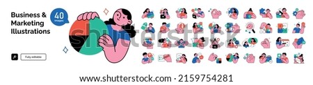 Business and Marketing illustrations. Mega set. Collection of scenes with men and women taking part in business activities. Trendy vector style