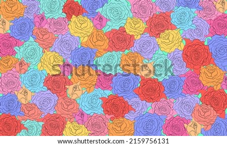 Floral vector background of stylized bright multi-colored roses. Contour roses with different color filling