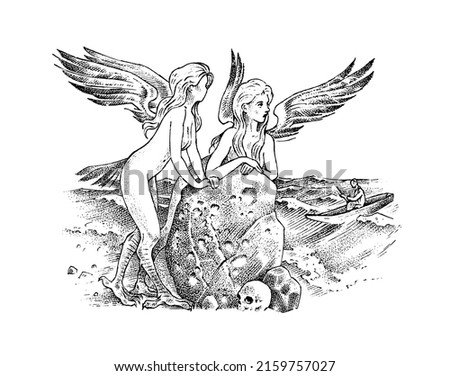 Myths of ancient Greece. Sirens with wings calling sailors. Odyssey. girls stand by a stone against the backdrop of the sea. Homer. Character sketch. Hand drawn vintage vector illustration for book Royalty-Free Stock Photo #2159757027