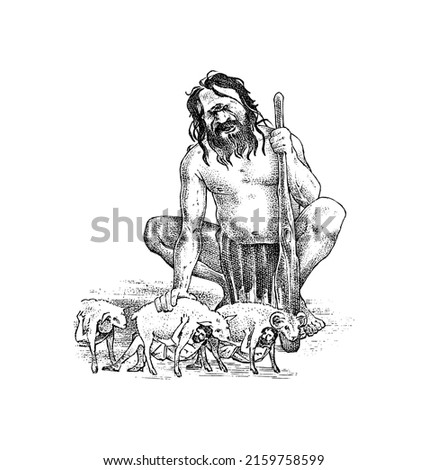 Myths of ancient Greece. Escape of Odysseus from the cave of the blind Polyphemus. Giant Cyclops. Homer. Character sketch. Hand drawn vintage vector illustration for book, emblem or print. Royalty-Free Stock Photo #2159758599