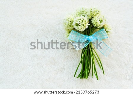 A mini bouquet of white clover flowers with a blue ribbon on a soft white cloth background