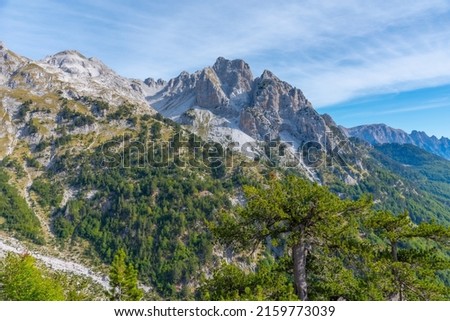 Beautiful landscape of Accursed Mountains viewed from Valbona-Theth hiking trail in Albania