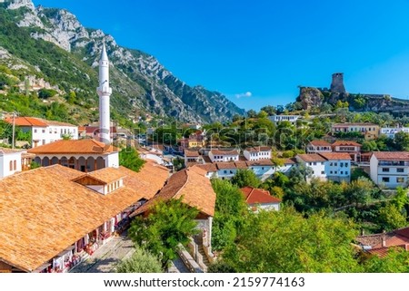 Aerial view of Kruja castle and bazaar, Albania Royalty-Free Stock Photo #2159774163