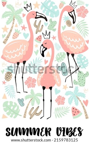 Vector illustration tropical flamingos with palm, leaves, strawberry, pineapple, watermelon, hearts, cacti. Summer hand-drawn exotic poster for kids, holidays, clothes, decor, textile, fabric, cards