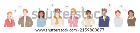 People have curious expressions and question marks are floating around their heads. flat design style vector illustration.