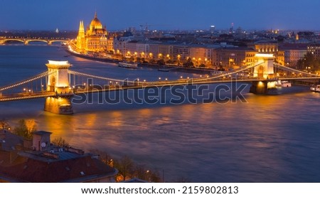 Image of night view of Budapest Chain Bridge over Danube and Hungarian Parliament