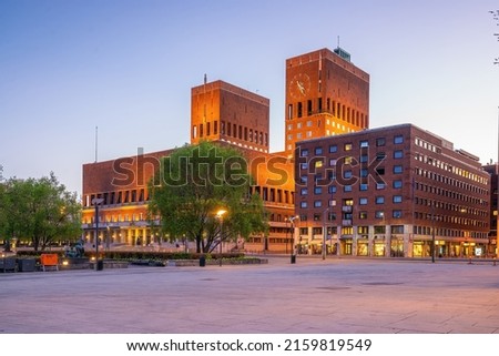 Oslo City Hall in Norway at twilight in Europe Royalty-Free Stock Photo #2159819549