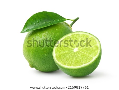 Natural fresh lime with cut in half and water droplets  isolated on white background. Clipping path. Royalty-Free Stock Photo #2159819761
