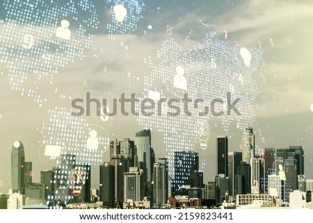 Double exposure of social network icons interface and world map on Los Angeles office buildings background. Networking concept
