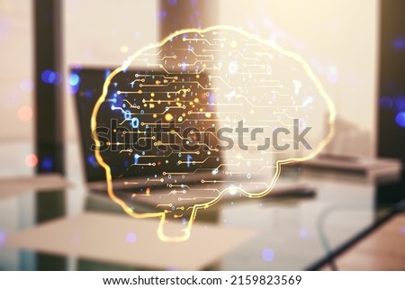 Creative artificial Intelligence concept with human brain sketch on modern computer background. Double exposure