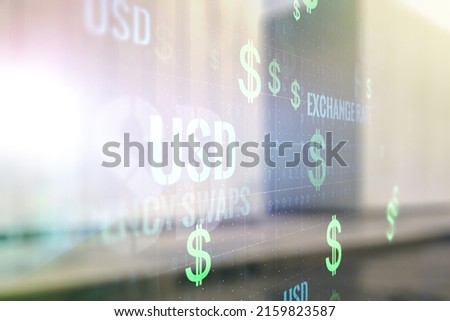 Virtual USD symbols illustration on blurry modern office building background. Trading and currency concept. Multiexposure