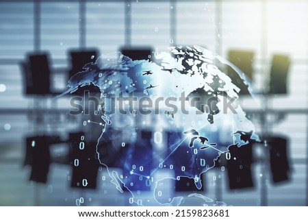 Multi exposure of abstract programming language hologram and world map on a modern furnished office interior background, artificial intelligence and neural networks concept