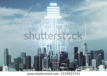 Virtual creative idea concept with light bulb and microcircuit illustration on Los Angeles skyline background. Neural networks and machine learning concept. Multiexposure