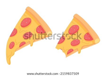 Piece of pizza with salami. Pepperoni pizza. Isolated slice of pizza on a white background. Vector illustration. Whole and bitten pizza.