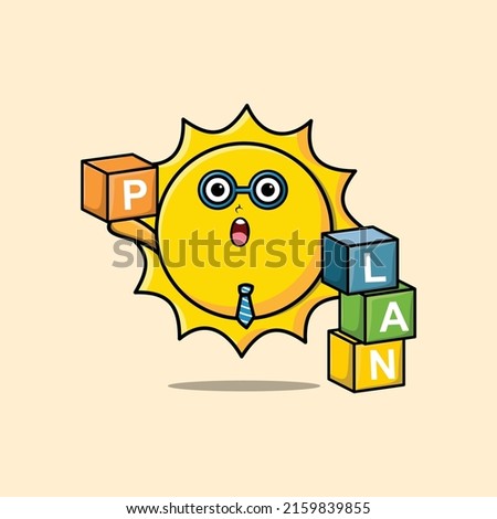 Cute cartoon sun businessman stacking plan box in 3d modern style design
