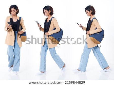 Collage Full length of Asian Indian 20s working woman with curl hair hold cell smart phone, backpack, blazzer and jean pants. Female walk forward side and work internet over white background isolated Royalty-Free Stock Photo #2159844829