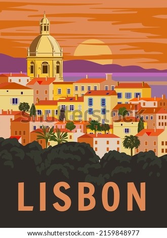 Lisbon VintageTravel Poster. Portugal cityscape landmark, sea, sunset sky. Vector illustration Royalty-Free Stock Photo #2159848977