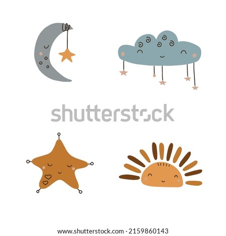 Vector hand drawn sky collection with cute moon, cloud, star, sun for nursery decoration. Perfect for baby shower, birthday, baby party, clothing prints, greeting cards