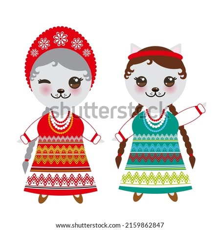 Slavic girl in green red sundress and white shirt with embroidery, hair braided two braids Kawaii cat in national costume. Cartoon children in traditional dress isolated on white background. 