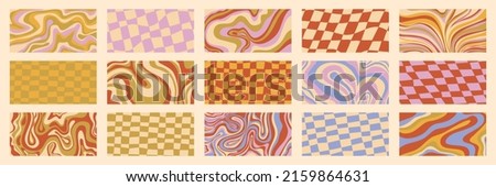 Groovy poster y2k retro background swirl, checkerboard set for print design. Spiral vector illustration. Psychedelic print. Vintage background. Cover, poster, wallpaper. 60s, 70s, hippie