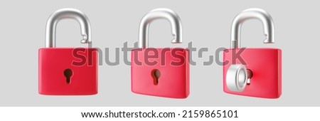 3d red unlocked padlock icon set with key isolated on gray background. Render minimal open padlock with a keyhole. Confidentiality and security concept. 3d cartoon simple vector illustration Royalty-Free Stock Photo #2159865101