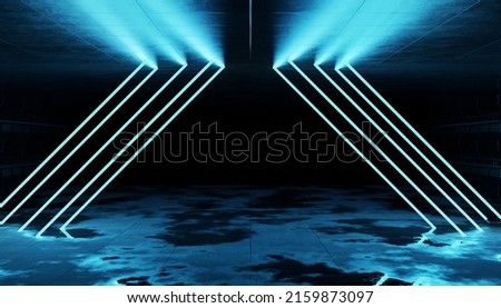Futuristic dark tunnel warehouse with metal panels wall lighted with lights. Cyber neon laser Interior. Garage room hangar with sci fi glowing blue tubes. Construction corridor 3d Rendering