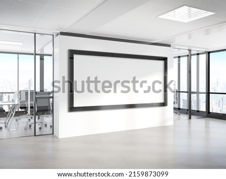 Panoramic frame Mockup hanging on office wall. Mock up of a billboard in modern company interior 3D rendering Royalty-Free Stock Photo #2159873099