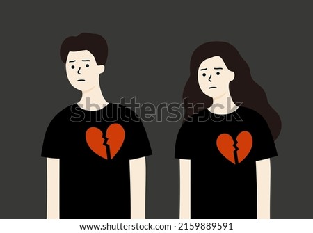 Set of Depressed woman and man with Pieces of broken red heart, suffering depression. Love, Breakup, loneliness, mental health, divorce concept. Flat cartoon vector design isolated illustration.
