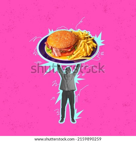 Contemporary art collage. Man holding giant plate with delicious burger and fries isolated over pink background. Bright retro design. Concept of creativity, food, artwork, surrealism, ad